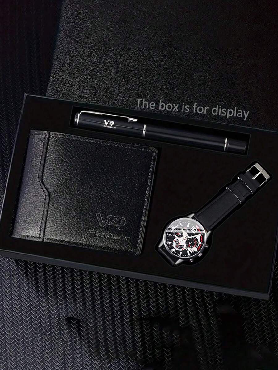 1pc Men Casual Watches Luxury Romantic Senior Business Casual For Men Calendar Pointer Button Battery Pu Leather Quartz Watch+1pc Ballpoint Pens +1pc Men Wallet School Graduation Birthday Valentine's Day Father's Day Thanksgiving Romantic Gifts For Him