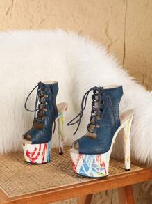 全新性感女神蛇纹镂空设计交叉系带露趾超高跟坡跟夜店钢管舞风格夜光彩色图案女式凉鞋 - 藍色 - 查看 3
