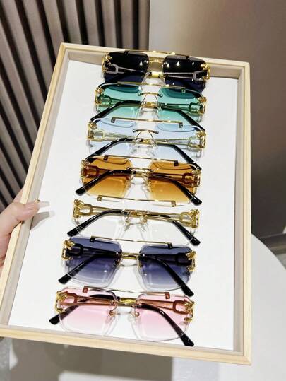 7 件女士金属方形无框多色时尚街头时尚现代优雅简约眼镜套装，适合购物、派对、街头风格、旅行、夏季海滩度假露营、户外、旅行