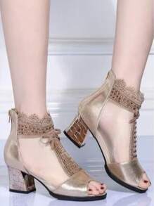 2025 夏季新款女士广场舞鞋蕾丝水钻网眼坡跟芭蕾舞鞋，露趾软底舞蹈鞋 - 金色 - 查看 8