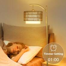 Floor Lamps For Living Room, Arc Standing Lamp With Remote & Dimmable Bulb, Boho Rattan Floor Lamp For Bedroom With 3 Color Temperatures, Farmhouse Tall Lamp, Height Adjustable Stand Up Lamp - 美規A型插(110-127V) - 查看 8