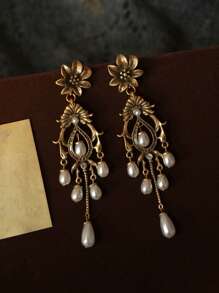 French Retro Silver Needle Flower Pearl Style Water Droplet Tassel Earrings, Medieval Vintage Court Style Earrings, Light Luxury Elegant Earrings, Ladies' Daily Party Accessories, Fashionable Jewelry, Best Friend Gifts - 金色 - 查看 8