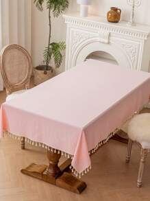 1pc Pleated Textured Pink & White Tassel Tablecloth, Simple & Versatile Rectangular Tablecloth, Suitable For Parties, Weddings, Birthdays, Holidays, Valentine's Day To Decorate Coffee Tables And Nightstands - Pink - View 11