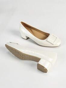 Women's Square Toe Slip-On Comfort Chunky Heel Soft Bottom Closed Toe Work Pumps, Solid Color - White - View 2