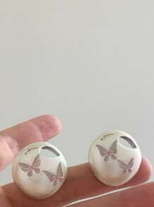 1 Pair Vintage Elegant Enamel Concave Geometric Moon & Flower Butterfly Print Stud Earrings, Simple & Fashionable Everyday Accessory Suitable For Women, Daily Wear/Wedding/Party, Great Gift For Wife/Girlfriend Birthday