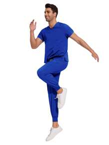 Men's Medical Workwear Set, Dentist/Nurse Uniform, V-Neck Short Sleeve Top, Medical Sports Pants, Nursing Workwear, Doctor Workwear - Royal Blue - View 7