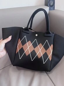 New Design Fan Shaped Bohemian Harlequin Stripe Versatile Ladies Students Hook & Loop Colorblock Knitted Casual Travel Tote Bag