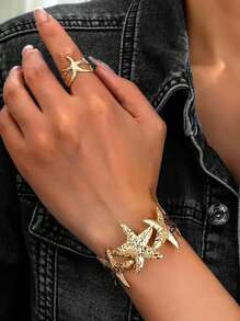2pcs Metal Fashion Ocean Series Interlocking Starfish Bracelet & Adjustable Ring Set For Women, Suitable For Beach, Holiday, Daily Outfit