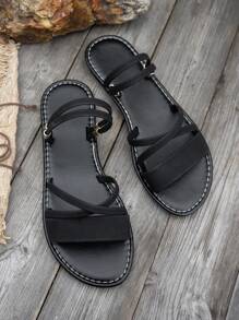 2025 New Summer Simple Versatile Peep Toe 2-In-1 Roman Beach Flat Sandals - Black - View 4
