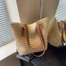 Solid Color Weaving, Large Capacity, Simple And Versatile. Summer Beach Vacation, Fashionable Shopping, Small And Fresh Rural Style. Commuting, Class, Work. Women's Shoulder Woven Bag