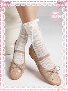 Crystal Mesh Ballet Flats Shoes Round Toe Slip On Ballerina Flats For Women Rhinestone Flats Shoes Dressy Comfortable Casual Styles Mary Jane - 杏色 - 查看 1