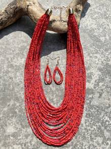 3pcs/Set Bohemian Style Beach Holiday Multilayer Beaded Necklace & Earrings Set, Fashion Jewelry For Women