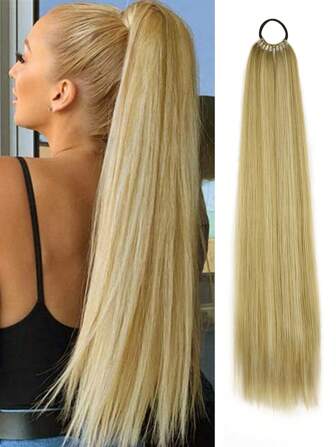 16inch/26 Inch/34 Inch Ponytail Extensions, Versatile Elastic Band Light Brown Mix Gold Ponytail Heat Resistant Extension For Women, Long Straight DIY Wrap Around Ponytail Soft Natural Synthetic Pony Tails For Women Daily Cosplay And Christmas Music Festival Carnival New Year Gifts Used