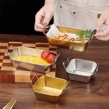 1pc Stainless Steel Gold Color Double Ear Snack Plate, Creative Candy Fries Basket Serving Tray - Multicolor - View 5