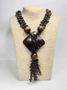 波西米亚复古风格时尚百搭椰子壳长项链 - 咖色 - 查看 1