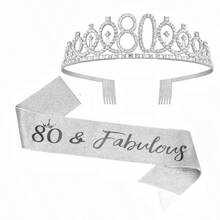 2 件套女士生日绶带和头饰，包括生日皇冠 13 岁 16 岁 18 岁 21 岁 30 岁 40 岁 50 岁 60 岁 70 岁 80 岁绶带丝带精美蜡烛和蛋糕装饰，生日女士礼物，生日快乐派对礼品，银色 - 銀色 - 查看 18