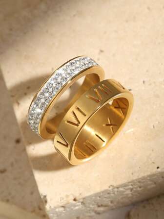 rakol 1 件双层半无缝罗马数字雕刻金色不锈钢女式戒指