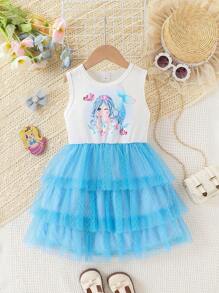 女童 4-7 岁美人鱼印花无袖闪亮亮片鱼鳞网眼多层芭蕾舞裙，夏季