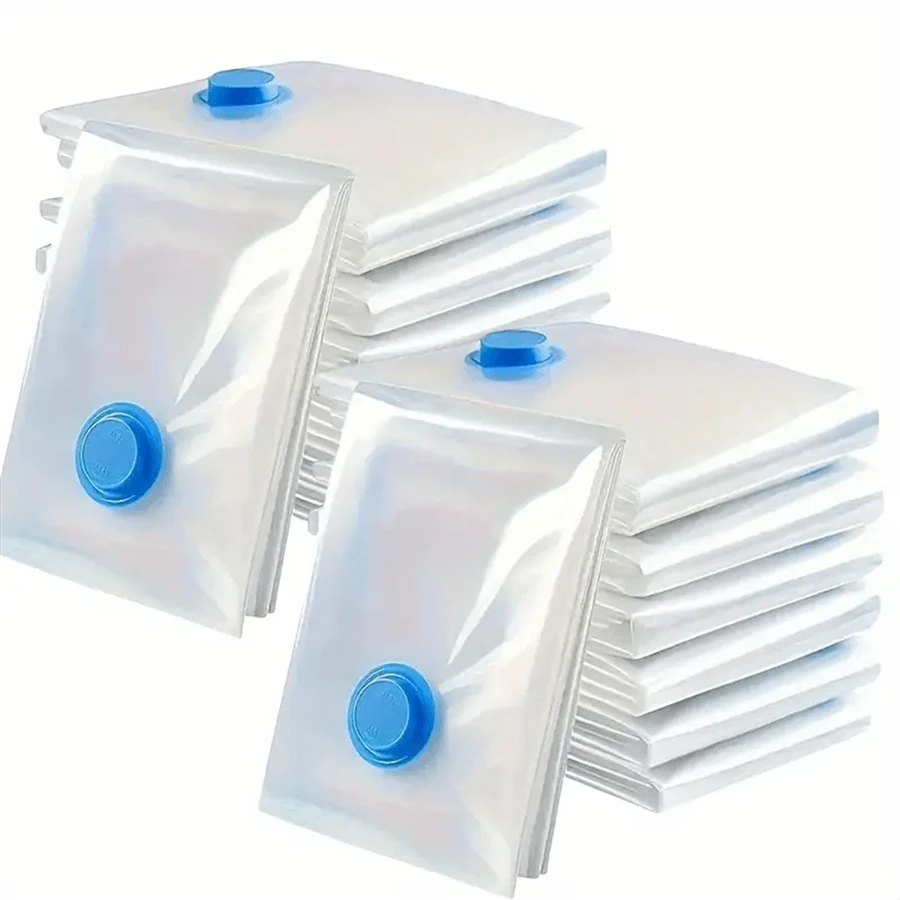 13 piezas (12 bolsas de almacenamiento al vacío transparentes + 1 bomba de mano) con cierre azul - Solución de almacenamiento multiusos, ahorro de espacio y a prueba de polvo para prendas de vestir, ropa de cama, en forma rectangular, de plástico, bolsas de compresión al vacío
