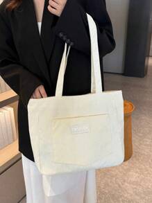 字母印花灯芯绒大容量女士手提包，返校礼物，教师礼物，感谢礼物，感谢礼物，字母礼品袋，可重复使用，教师包教育者，妈妈理想的新娘女仆礼物，学生手提包，多个隔层，非常适合海滩、学校、工作和日常使用 - 米色 - 查看 7