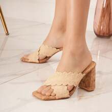 Women's Heeled Mules | Wide Braided Strap - Beige - View 1
