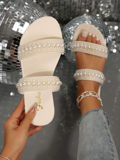 Damen Große Größen Luxus Perlen dekorierte nude Farbe Sandalen, stufiges Perlen Design, runde Zehenpartie flach, modischer Urlaubs Lässig Slip-On für große Füße (Größe 36-44), Frühling/Sommer