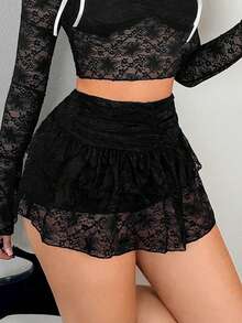 女士蕾丝荷叶边下摆收腰迷你裙，可爱蛋糕裙款式，适合派对、郊游、俱乐部 - 黑色 - 查看 7