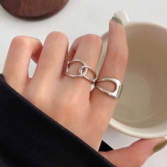 2 件简约交叉线包裹镂空铜戒指，适合女士，可调节几何不对称复古时尚适合日常佩戴