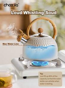 choxila 1pc 2L Stainless Steel Whistling Kettle - Creamy White With Wood Grain Handle, Perfect For Coffee & Tea, Compatible With Electric & Gas Stoves, For Outdoor, Camping