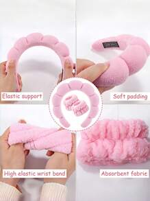 Juego de 1/3 piezas que incluye 1 diadema de esponja en forma de nube, herramientas de limpieza facial y una muñequera de terciopelo. Sirve como un regalo de cumpleaños ideal, agregando sorpresas encantadoras a la vida cotidiana. Decoración del hogar y del baño. Regreso a la escuela en verano - Rosa - Ver 7