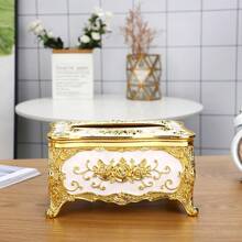 1 Pc European Style Rose Pattern Creative Paper Towel Box, Suitable For Hotel, Bedroom, Living Room, Study Room Decor - Gold and White - View 3
