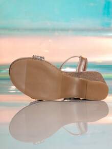 女士水钻装饰系带凉鞋，配有舒适的踝带，圆头防滑坡跟厚底鞋 - 香檳色 - 查看 6