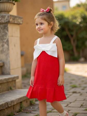  MommBaby Girls' Cute Bow Decor Contrast Color Sleeveless Casual Holiday Dress