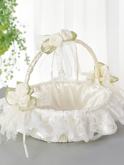 1pc Shiny Retro Non-Woven Floral Basket, Flower Girl Wedding Toss Basket With Lace Trim & Bow, Small Champagne Color Floral Basket, Suitable For All Seasons