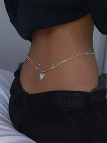 Double Layered Rhinestone Heart-Shaped Waist Chain, European And American Beach Belt Chain, Fashionable And Versatile Metal Body Chain, Waist Accessory Chain