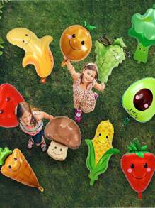 10 Pcs Fruit Balloon And Vegetable Balloon - Large Apple Orange Strawberry Grape Mushroom Banana Avocado Corn Carrot Broccoli Mylar Foil Balloon, Fruit Theme Birthday Party Decorations Supplies