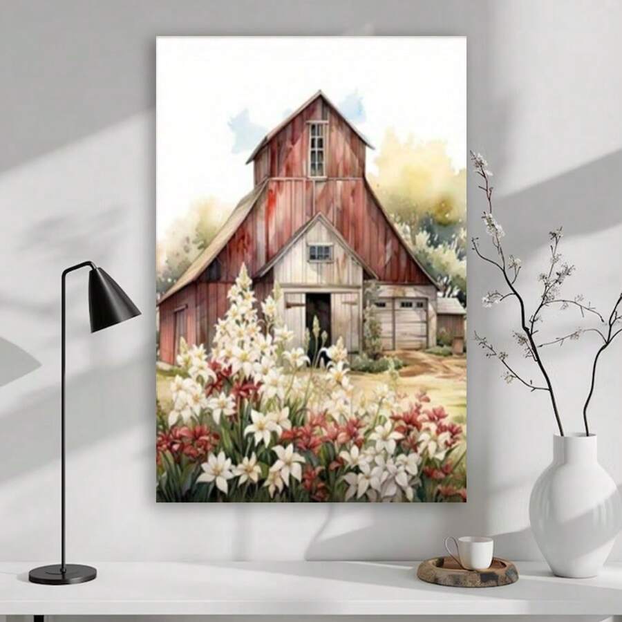 Framed Painting, 6pcs Red Barn Christmas Pictures Country Barn Prints Christmas Barn Poster Watercolor Farmhouse Wall Art Christmas Watercolor Prints Barn Landscape Paintings Red Barn Artwork Room Perfect For Room Decor High Quality Decorative Posters, Toilet Room Living Room Wall Decoration Paintings, Perfect Gifts, Canvas Paintings Suitable For Spring
