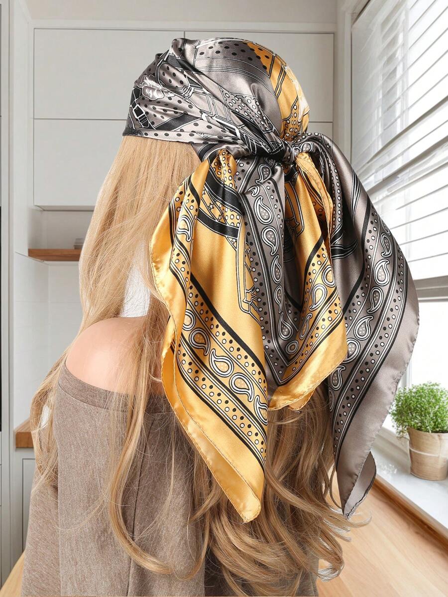 1pc Women's Vintage Print Square 90cm Silk Scarf, Casual Street Style Neckerchief, Gift For Birthday, Summer - Multicolor - View 1