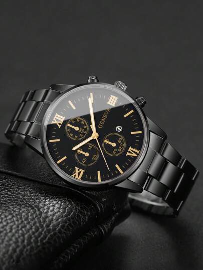 1pc Steel Strap Sophisticated Roman Scale Dial Calender Quartz Wristwatch, Classic (No Horloge Box Included) view 4