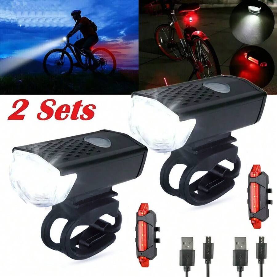 NetHong 2PCS Bike LED Rechargeable Front And Back Light Set Bicycle USB Waterproof Headlight - Black - View 1