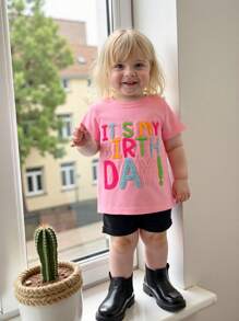 Toddler Girls Birthday T-Shirts Letter Embroidery Crew Neck Short Sleeve Shirts Summer Casual Fashion Kids Baby Tops - 粉色 - 查看 9
