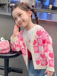 enmi bear Girls' Casual Heart And Plaid Print Cozy Knitted Cardigan, With Thermal Lined For Autumn/Winter, Toddler And Little Young Girl - Pink - View 7