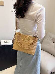 Yogodlns 夏季海滩草编手拿包波西米亚风格可爱流苏斜挎包女士流苏草编包旅行单肩包钱包女士休闲包柳条包带腕带 - 卡其色 - 查看 4