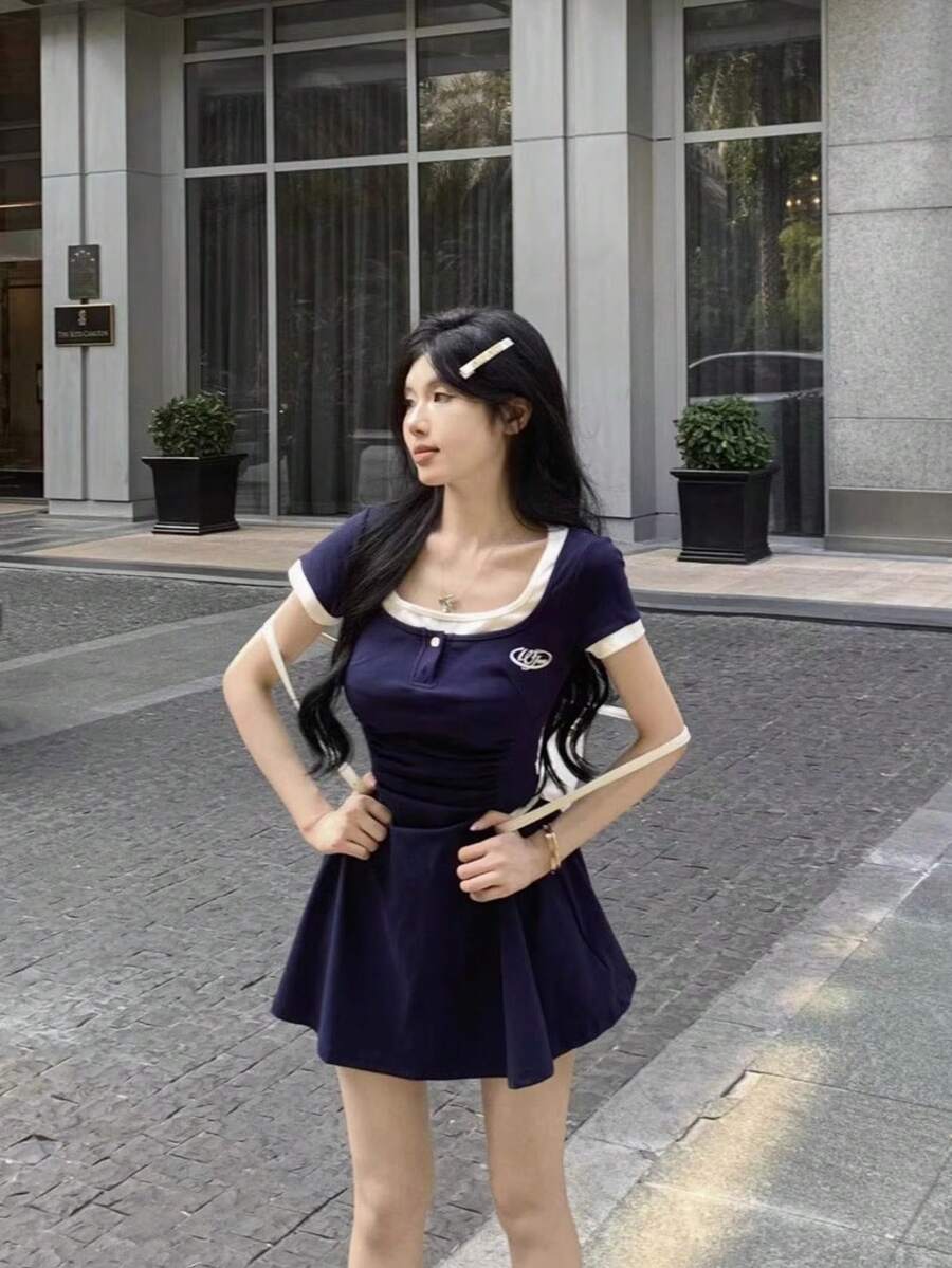 Women's Summer Ruched Vintage Patchwork A-Line Dress With Square Collar Elegant - Navy Blue - View 1