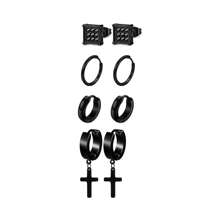 12 Pairs Unisex Earrings Set - Black, Silver & 18K Gold Plated | 4 Studs, 4 Cross Dangle, 4 Hoops For Men & Women
