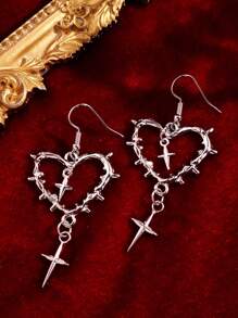 1Pc Gothic Punk Heart Cross Star Shaped Earrings For Women Fashion Korean Punk Star Thorn Pendant Ear Hooks Jewelry Accessories Valentines,Mom,Mother,Mother's Day,Gift