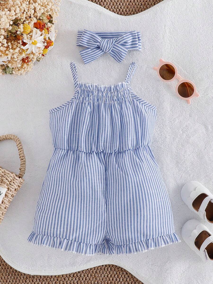 Conjunto de mono de volantes a rayas azules y blancas con diadema para bebés niñas, casual/informal para el verano