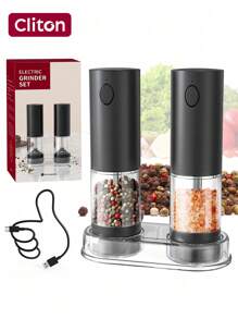 CLITON 2件套电动盐和胡椒研磨器套装 - 大容量自动盐和胡椒研磨器套装，带底座，不锈钢可充电胡椒研磨器，可填充，粗细可调，电动盐和胡椒研磨器套装（2件装），自动胡椒研磨器，单手操作，陶瓷研磨芯，可填充，USB充电，LED灯，圣诞节礼物，厨房礼物，新年礼物，万圣节礼物，感恩节礼物，情人节礼物，95毫升容器，黑色
