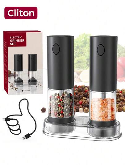 CLITON 2件套电动盐和胡椒研磨器套装 - 大容量自动盐和胡椒研磨器套装，带底座，不锈钢可充电胡椒研磨器，可填充，粗细可调，电动盐和胡椒研磨器套装（2件装），自动胡椒研磨器，单手操作，陶瓷研磨芯，可填充，USB充电，LED灯，圣诞节礼物，厨房礼物，新年礼物，万圣节礼物，感恩节礼物，情人节礼物，95毫升容器，黑色