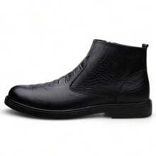 Men's Chelsea Short Boots, Autumn, Fashionable Crocodile Pattern, Round Toe, Low Heel, Side Zipper, Mid-Cut, All-Match Black Shoes ,Ideal With Jeans